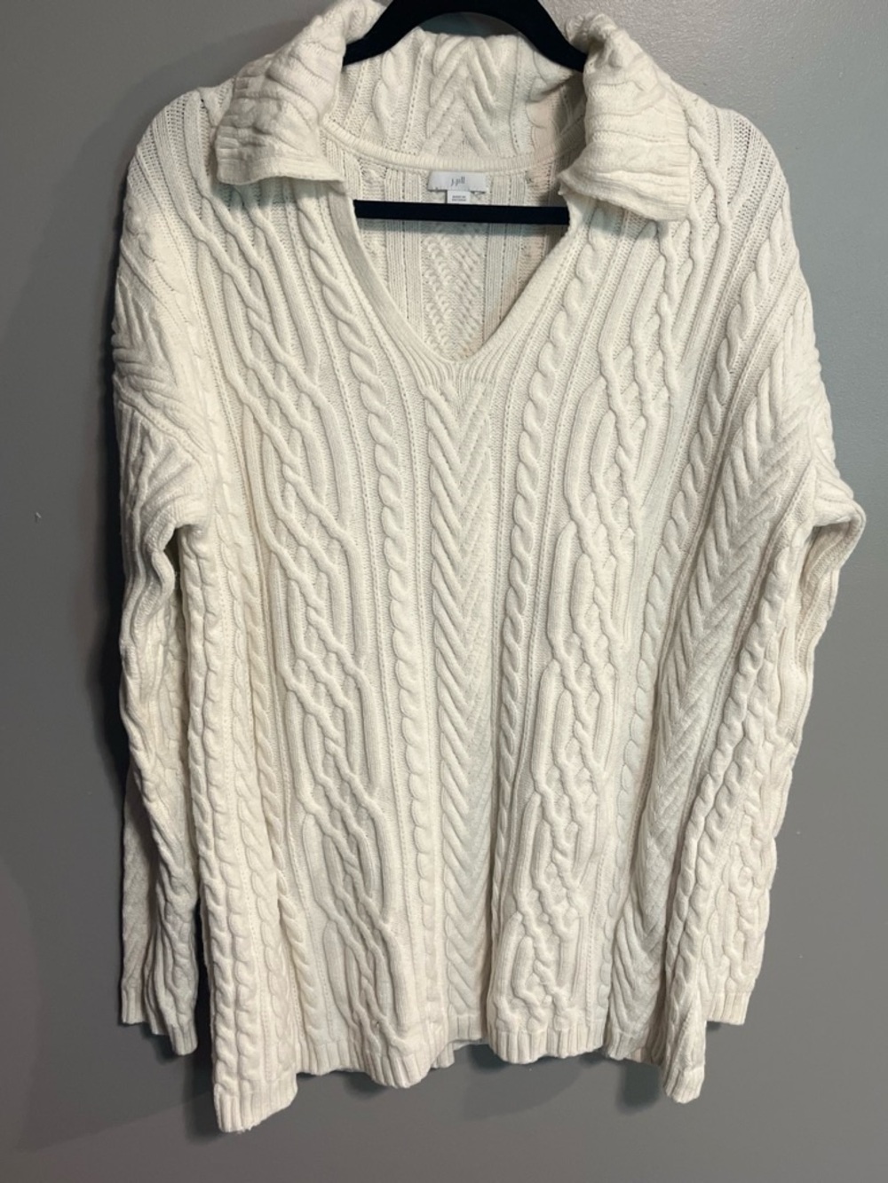 J. Jill Cream Cable-Knit V-Neck Sweater with Collar